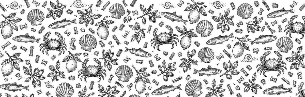 Hand-drawn pattern of fish, crabs, shells, lemons and olive branches