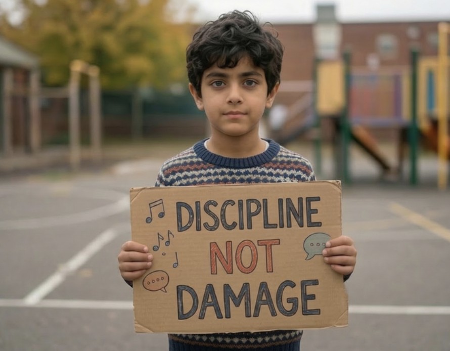 Boy holding a cardboard sign reading Discipline Not Damage