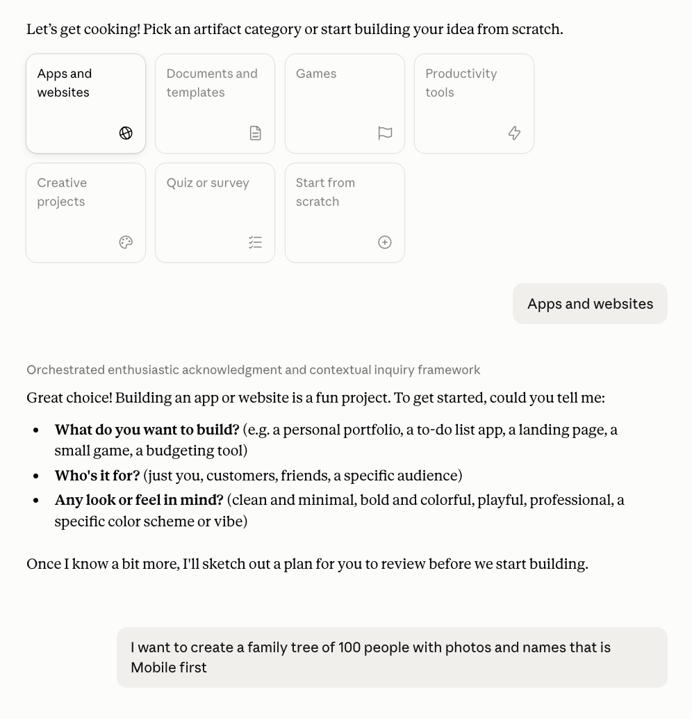 Screenshot of the first message asking Claude to build a mobile-first family tree