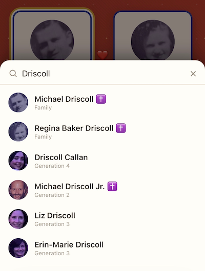 The Driscmas family tree search screen