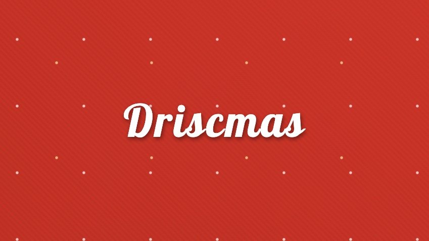 Driscmas title in white script on a red polka-dot background