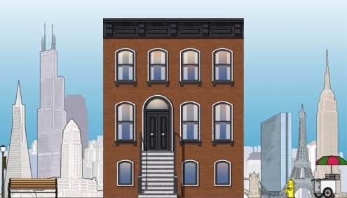 Illustrated brownstone townhouse with a skyline