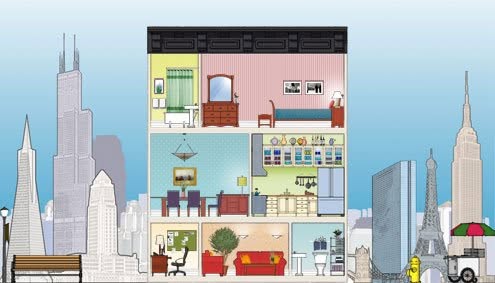 Illustrated cutaway city townhouse with a skyline