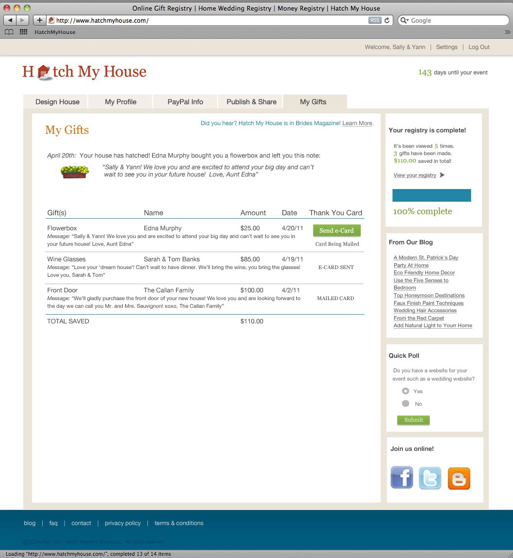 The My Gifts screen listing each gift, giver, amount and thank-you card status