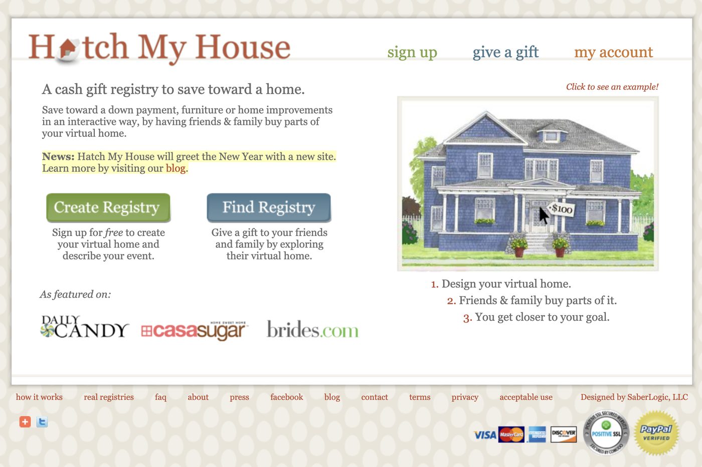 The original Hatch My House homepage, a cash gift registry to save toward a home