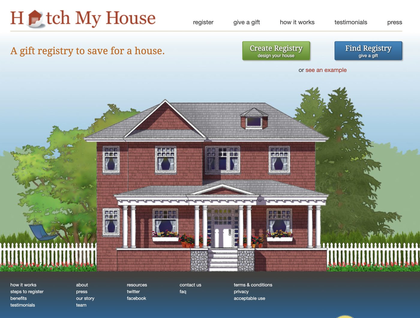 The newer Hatch My House homepage with an illustrated red brick house