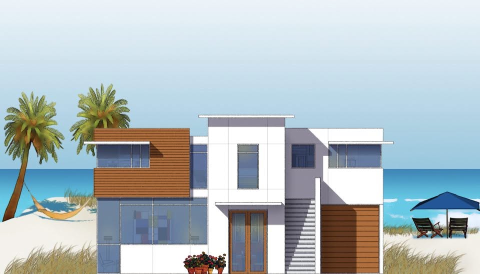 Illustrated modern beach house with palm trees