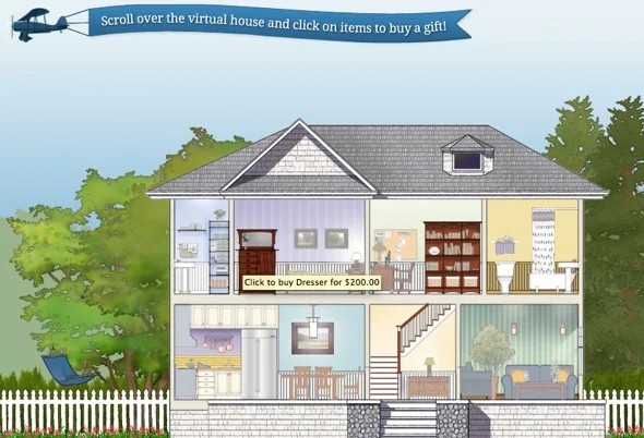 Illustrated cutaway house with a gift tooltip