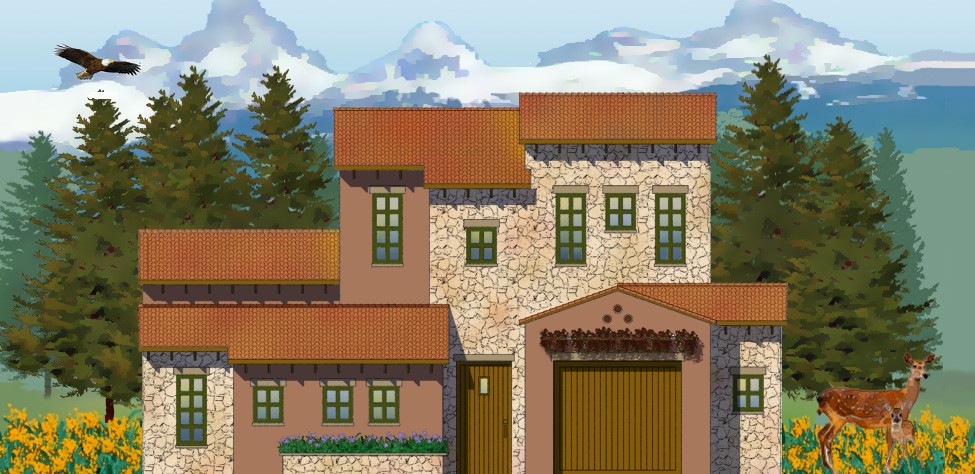 Illustrated stone house with mountains and an eagle