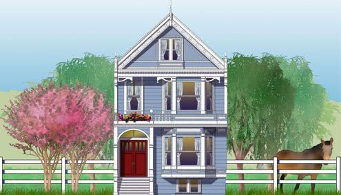 Illustrated blue Victorian house with a pink tree and a horse
