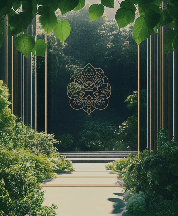 Garden path framed by tall brass lines, with the Reframe CBT mark above it