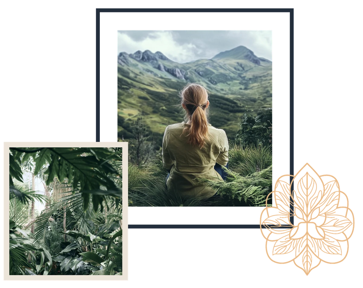 Reframe CBT moodboard: a woman seated facing a mountain valley, a tropical greenhouse, and the floral mark