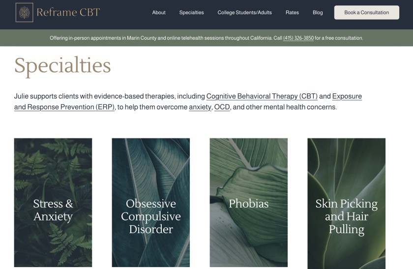 Reframe CBT Specialties page