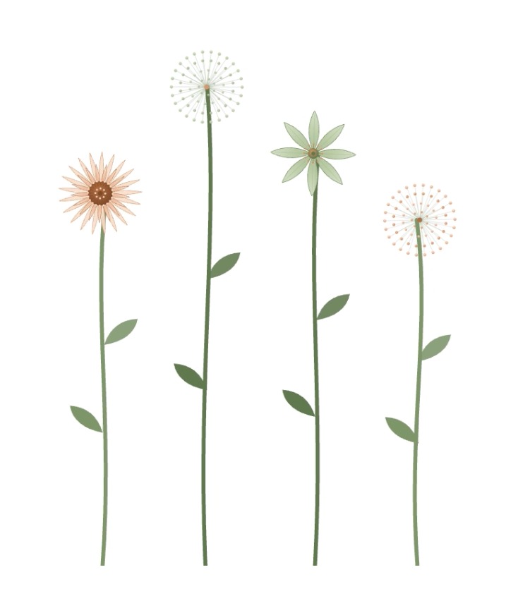 Four flowers on tall stems in peach and sage